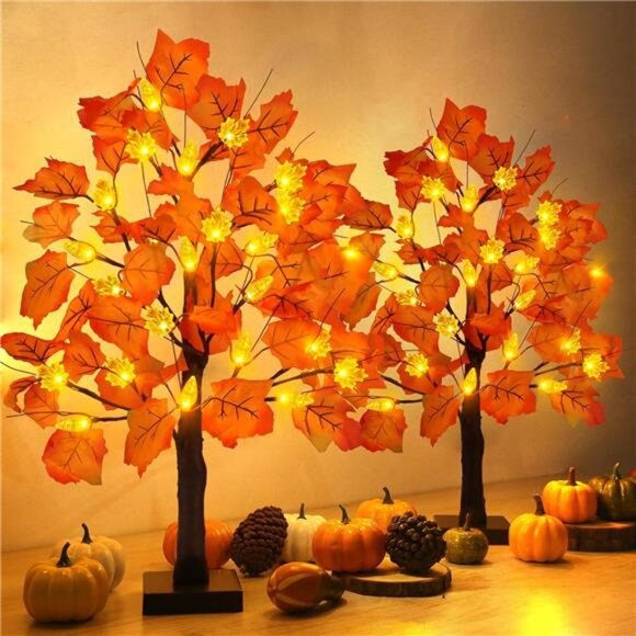 2 Pack 24 Inch Fall Maple Tree Decorations Pre Lit LED Battery Operated Autumn D - Picture 5 of 7